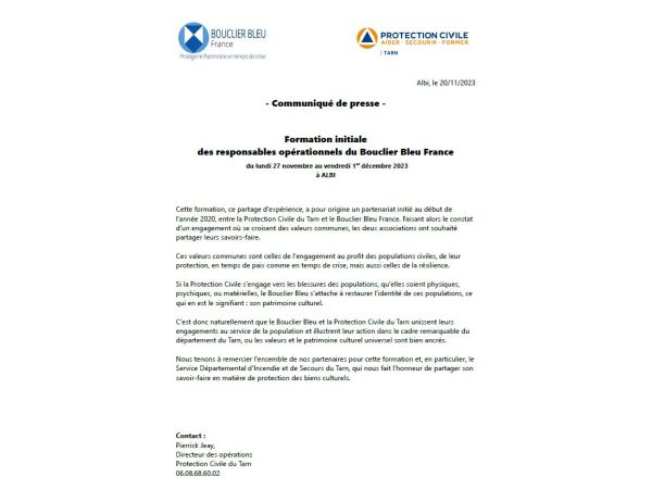 Formation initiale des responsables opérationnels du Bouclier Bleu France - du lundi 27 novembre au vendredi 1er décembre 2023 à Albi