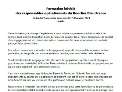 Formation initiale des responsables opérationnels du Bouclier Bleu France - du lundi 27 novembre au vendredi 1er décembre 2023 à Albi