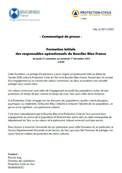 Formation initiale des responsables opérationnels du Bouclier Bleu France - du lundi 27 novembre au vendredi 1er décembre 2023 à Albi