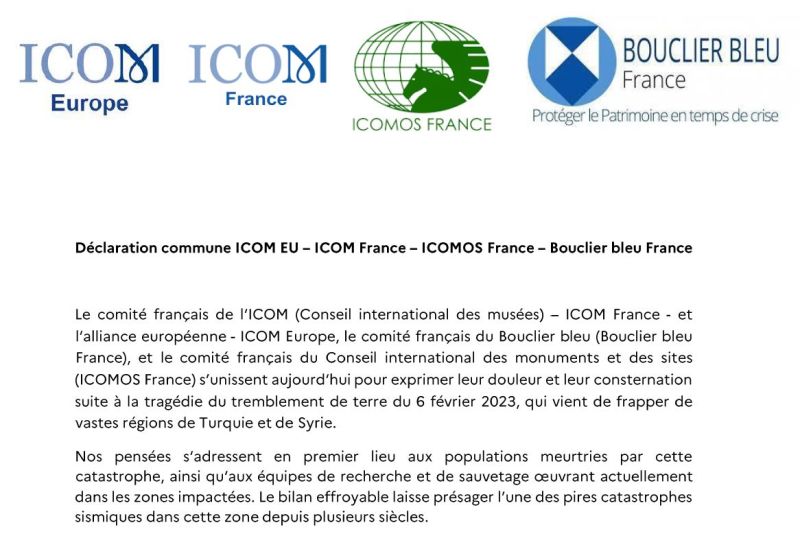 Tremblement de terre 6/02/2023 Turquie-Syrie : déclaration commune ICOM EU – ICOM France – ICOMOS France – Bouclier bleu France